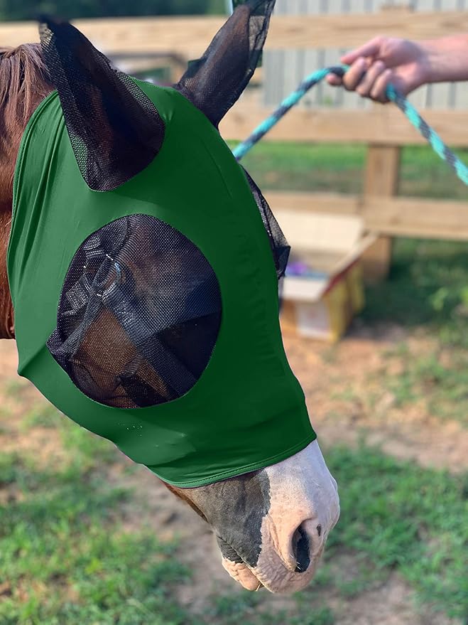 Horse Fly Mask - Durable Equine Fly Mask with Full Coverage for Eye & Ear - Stretchable, UV & Sun Protection Flymask for Horses, Ponies & Mini Horses - Horse Face Cover for Pasture & Trail - Green