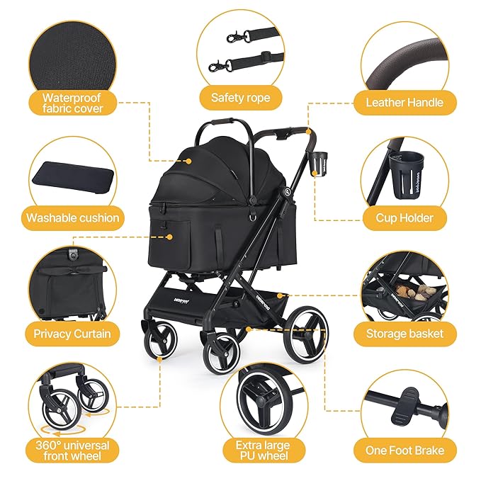 X3 2 in 1 Pet Stroller for Medium or Two Small Dogs & Cats 4 Wheels Lightweight Foldable Carrier Dog Stroller with Waterproof Weather Cover Cup Holder,Storage Basket(Black)