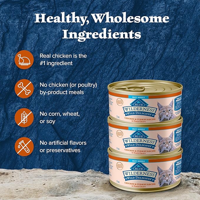 Blue Buffalo Wilderness Wild Delights Meaty Morsels Wet Cat Food, High-Protein & Grain-Free, Made with Natural Ingredients, Chicken & Turkey Recipe in Tasty Gravy, 3-oz. Cans (24 Count)