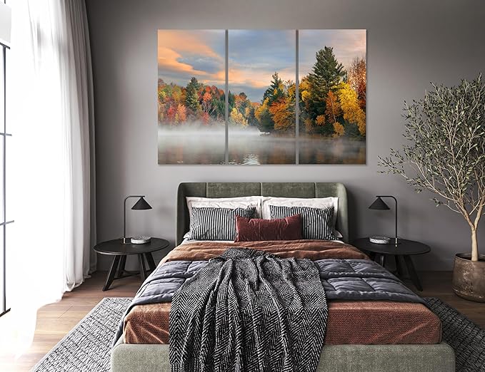 Nature Wall Art Prints - Ocean Forest Mountain Lake Canvas Landscapes - Small to Extra Large Living Room Bedroom Kitchen Bathroom Décor (Misty Fall Reflection, 35L" x 53W" - 3 Panels)