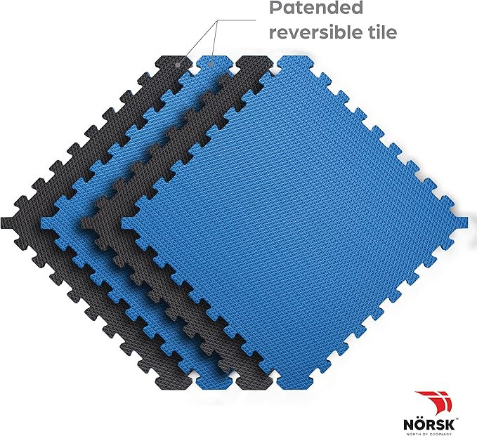 Norsk Reversible Exercise Mats 3/4" Thick EVA Interlocking Foam Tiles, Perfect Home Gym Flooring, 4 Tiles & 8 Trim Pieces, 16 Sq. Ft. 24"x24" Dazzling Blue/Black
