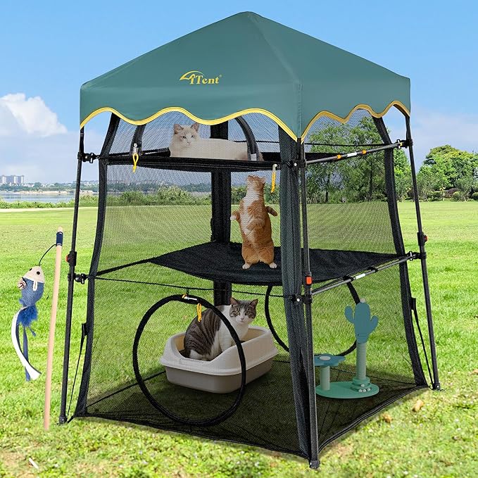 Extra Large Catio Outdoor Cat Enclosure,3 Tier Cat Tower Tent Weatherproof & Sunproof with 3 Doors, Foladable and Portable for Patio, Deck,Camping, Indoor & Outdoor(Patented)-Wave Shade