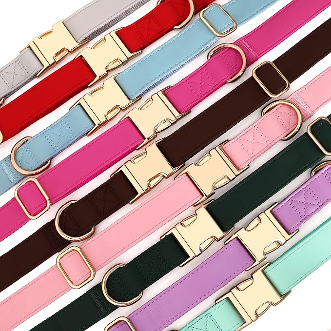 PET ARTIST PU Leather Dog Collar, Bright & Stylish Purple Dog Collar Girl with Quick Release Gold Metal Buckle, Soft Nylon Padded Durable Pet Collars Adjustable for Medium Dogs, Neck Fit 13-19"
