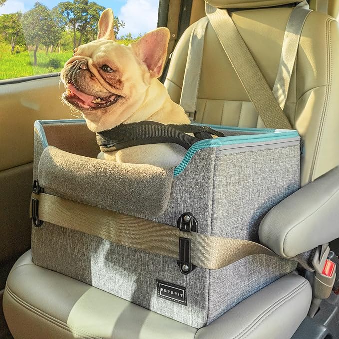 PETSFIT Dog Car Seats for Small Dogs, Patent Safety Buckles Dog Booster Car Seat, Dog Carseat with Safety Belt, Suitable for Small Pets Up to 25lbs (Grey)