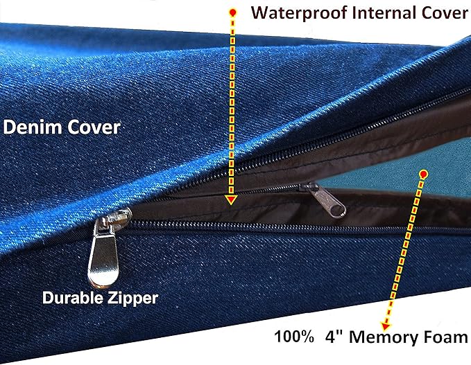 Dogbed4less Luxury XXL Orthopedic Memory Foam Dog Bed for Extra Large Dogs with Durable Waterproof Internal Case, Removable Washable Denim Cover and Bonus Pet Bed Spare Cover, 55X37X4 Inches, Blue