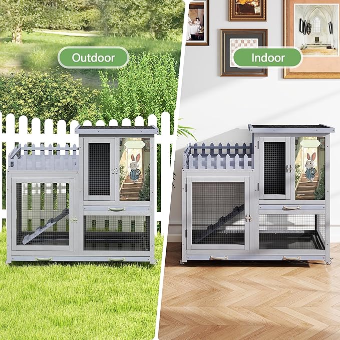 Wood Rabbit Hutch with Balcony - Small Animal House Bunny Cage on Wheels for Indoor Outdoor, Rabbit Cage Included Ramp, Pull Out Tray, (Grey with Pattern)
