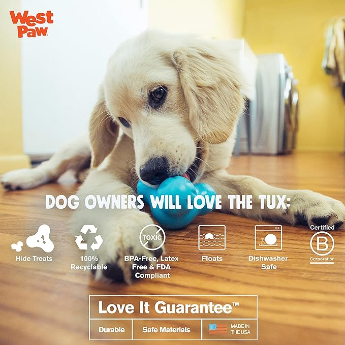 WEST PAW Zogoflex Tux Treat Dispensing Dog Chew Toy – Interactive Chewing Toy for Dogs – Dog Games for Aggressive Chewers, Fetch, Catch – Holds Kibble, Treats, Small 4", Aqua Blue