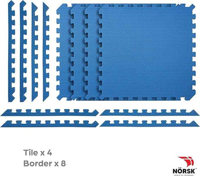 Norsk Reversible Gym Exercise Mats 3/4" Thick EVA Interlocking Foam Tiles, Perfect Gym Flooring for Home Gym,12 Tiles & 24 Trim Pieces, 48 Sq. Ft. Reversible, Dazzling Blue/Black