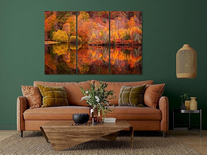 Nature Wall Art Prints - Ocean Forest Mountain Lake Canvas Landscapes - Small to Extra Large Living Room Bedroom Kitchen Bathroom Décor (Autumn Forest with Lake, 35L" x 53W" - 3 Panels)