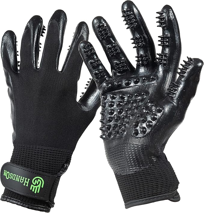 H HandsOn Pet Grooming Gloves - Patented #1 Ranked, Award Winning Shedding, Bathing, & Hair Remover Gloves - Gentle Brush for Cats, Dogs, and Horses (Black, X-Large)