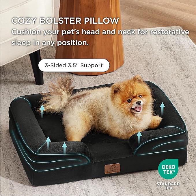 Bedsure Orthopedic Dog Beds for Small Dogs - Washable Small Dog Cat Bed Waterproof, Comfort Pet Couch Sofa with Washable Removable Cover, Pets Bed with Nonskid Bottom, Black, 24"