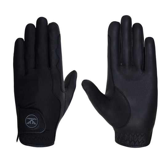 Pair of black gloves with a brand logo on a white background