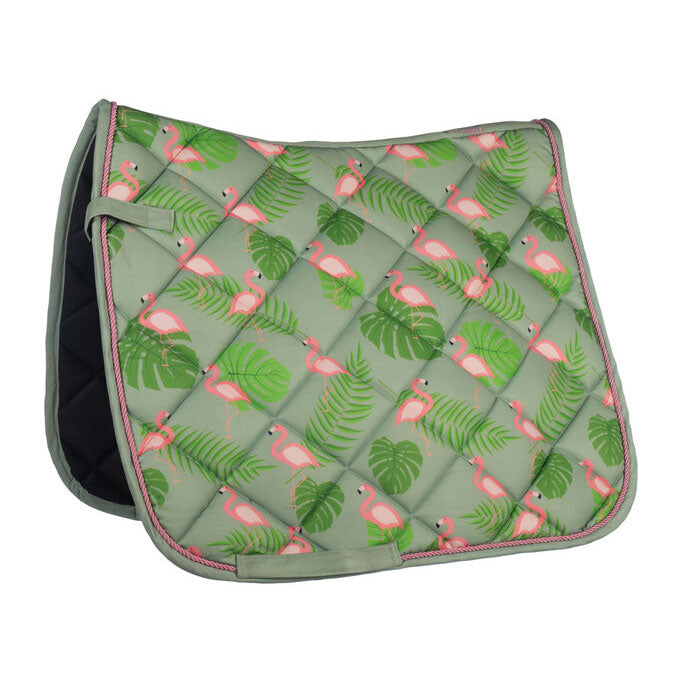 Saddle pad with flamingo and leaf pattern on a green background