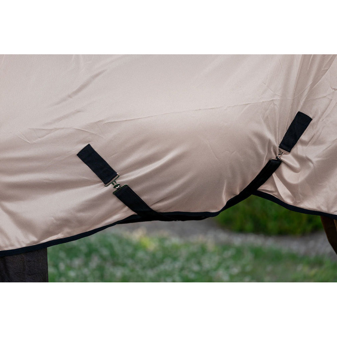 Close-up of a beige horse blanket with black straps on a grassy background