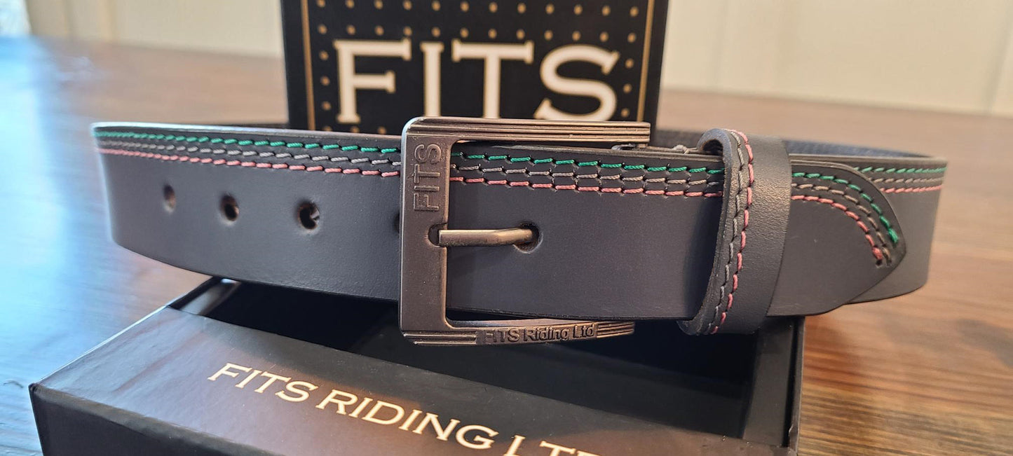 Gray leather belt with red stitching 