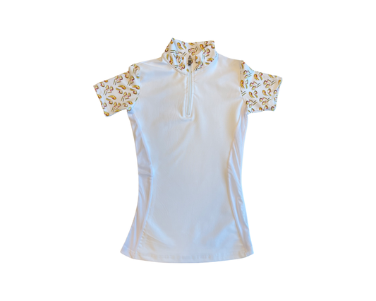 white sun shirt with printed short sleeves