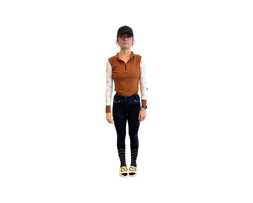 Rust colored long sleeve riding shirt with printed sleeves