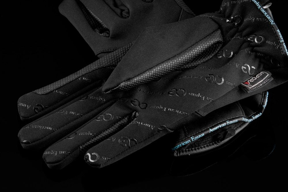 black riding gloves with logo