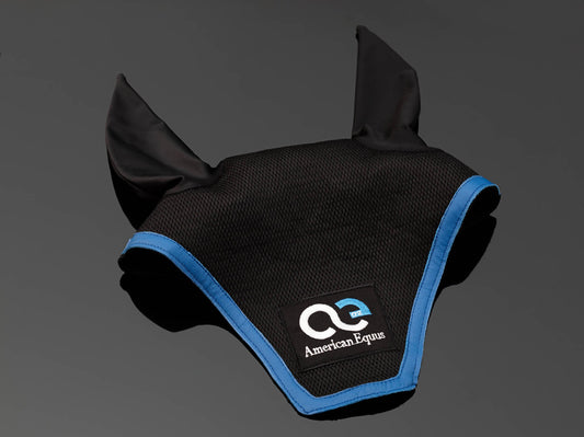 black ear bonnet with blue trim