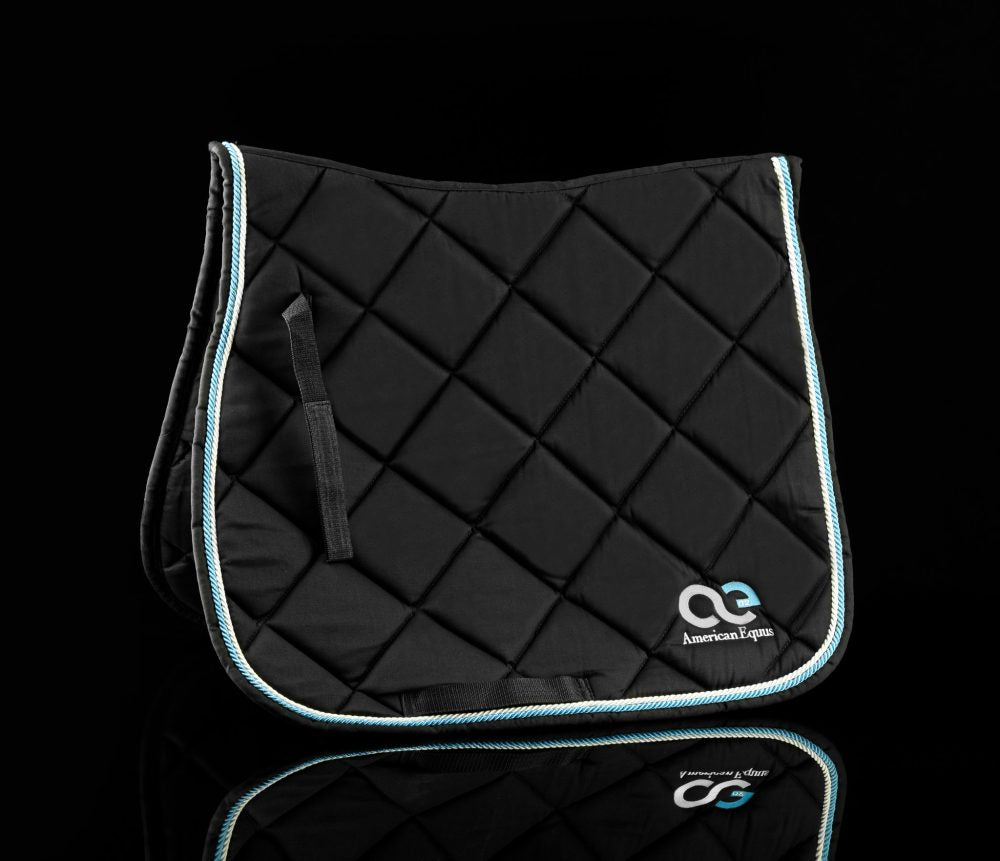 black saddle pad with blue trim