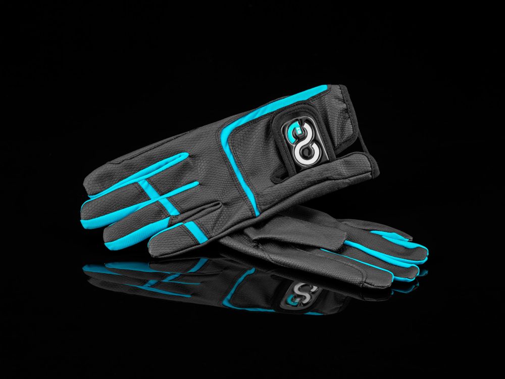 black riding gloves with blue accents