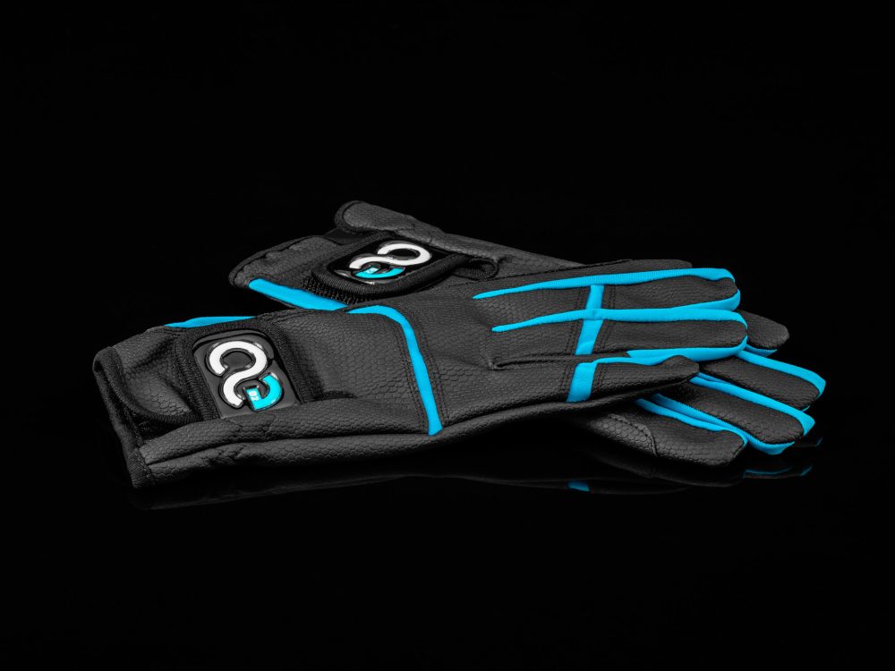 black riding gloves with blue accents