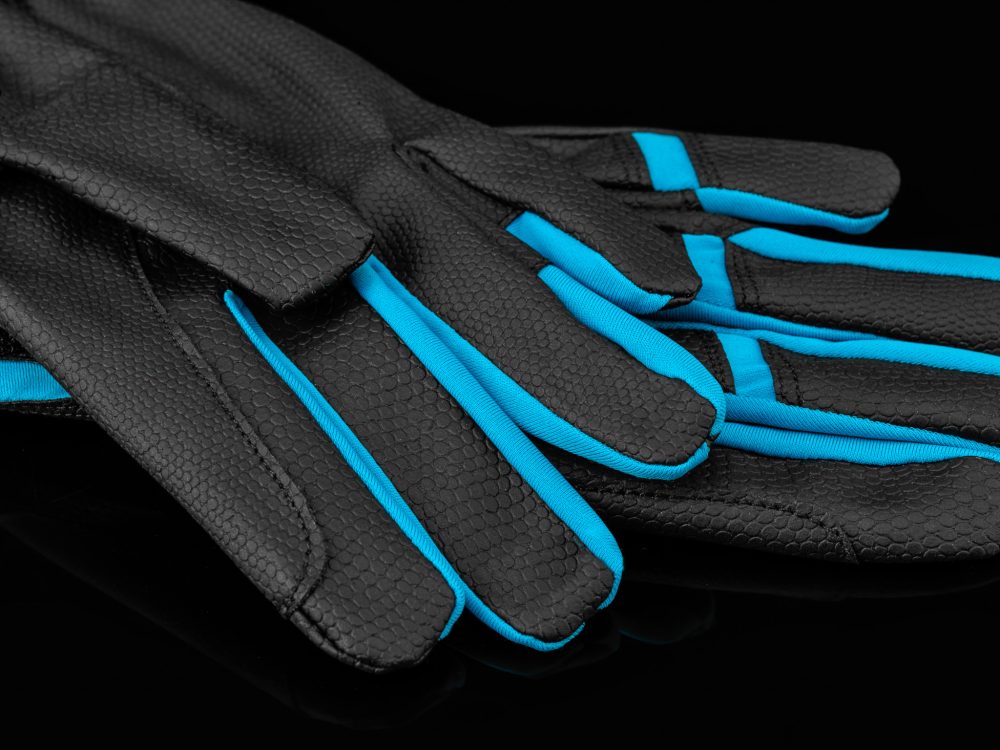 black riding gloves with blue accents