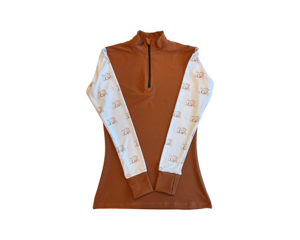 Rust colored long sleeve riding shirt with printed sleeves