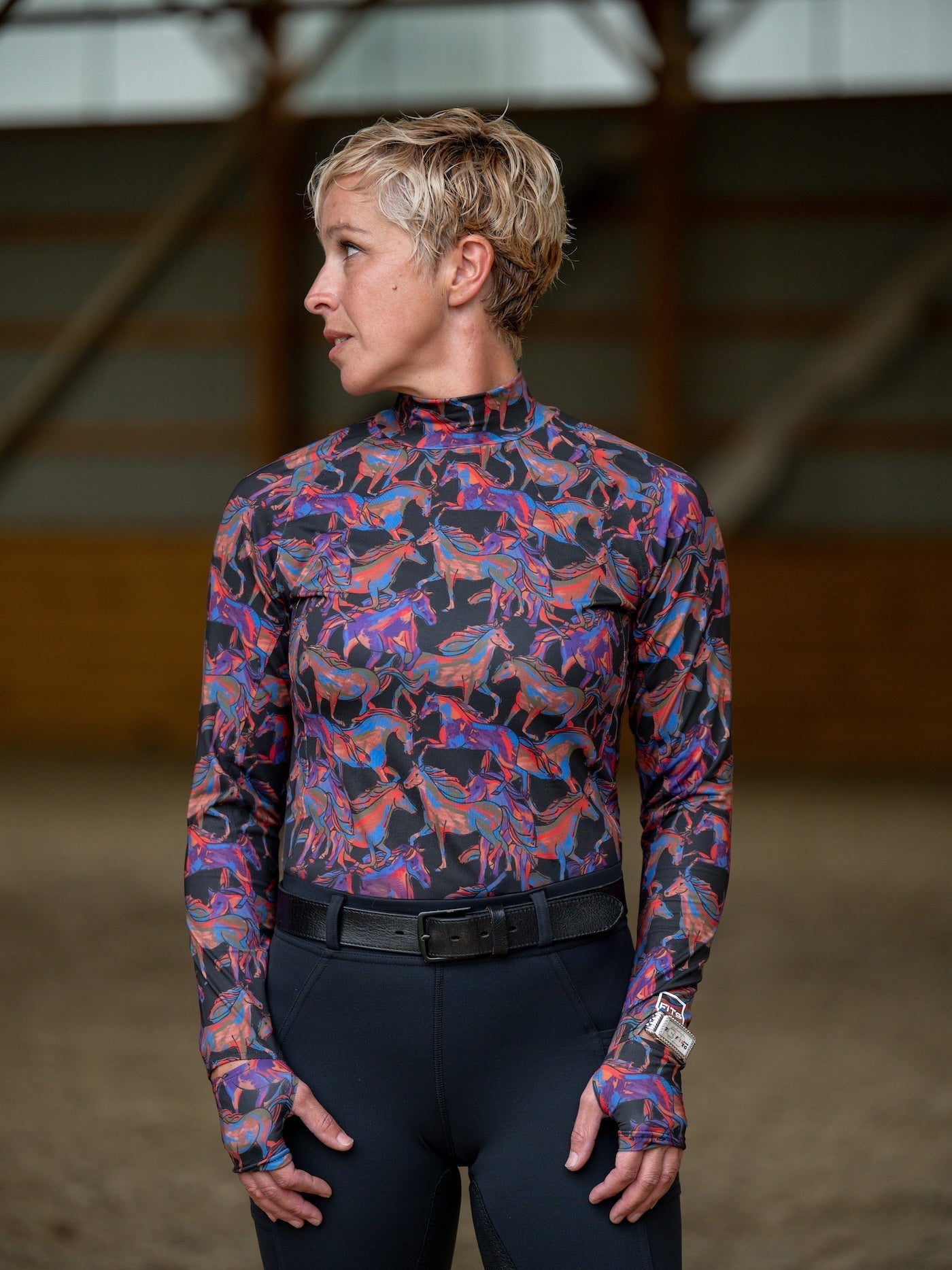 patterned long sleeve mock neck riding shirt