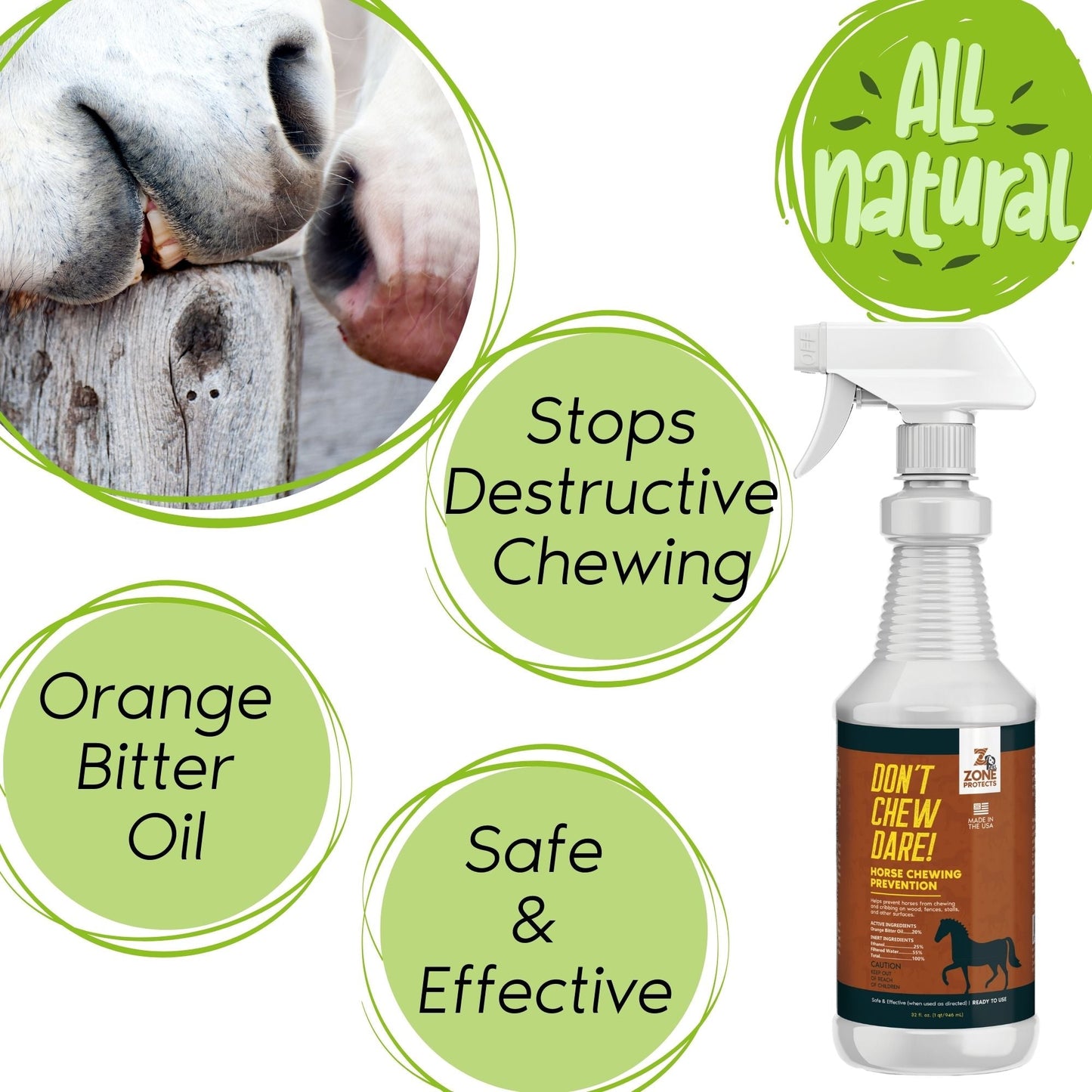 horse deterrent spray bottle with text highlighting features on a white background