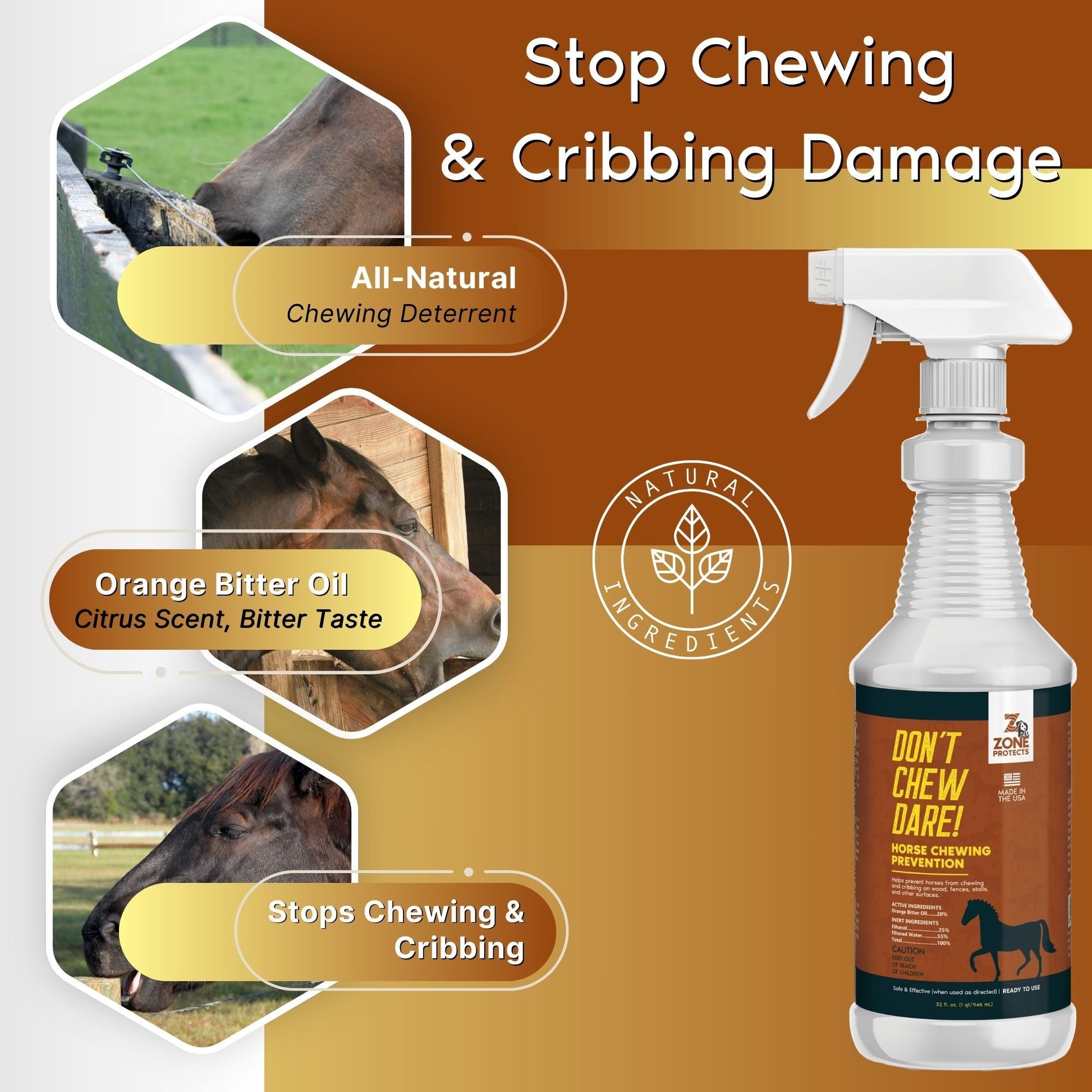 Horse chewing deterrent spray with images of horses and text on a brown background