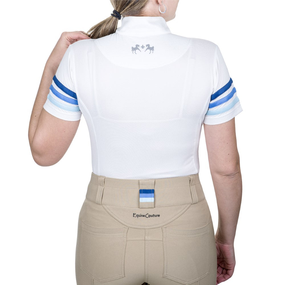 white riding sunshirt with blue trim