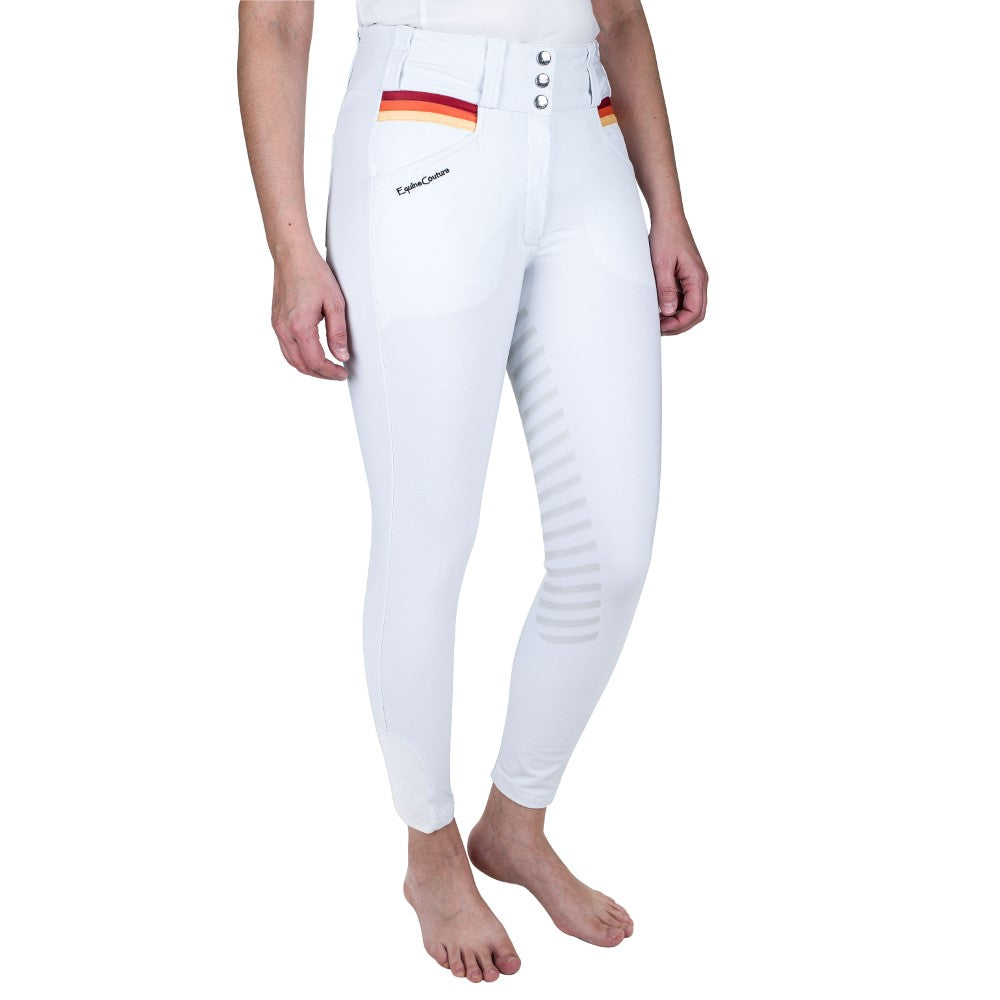 white riding pants with orange trim