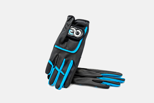 black riding gloves with blue accents