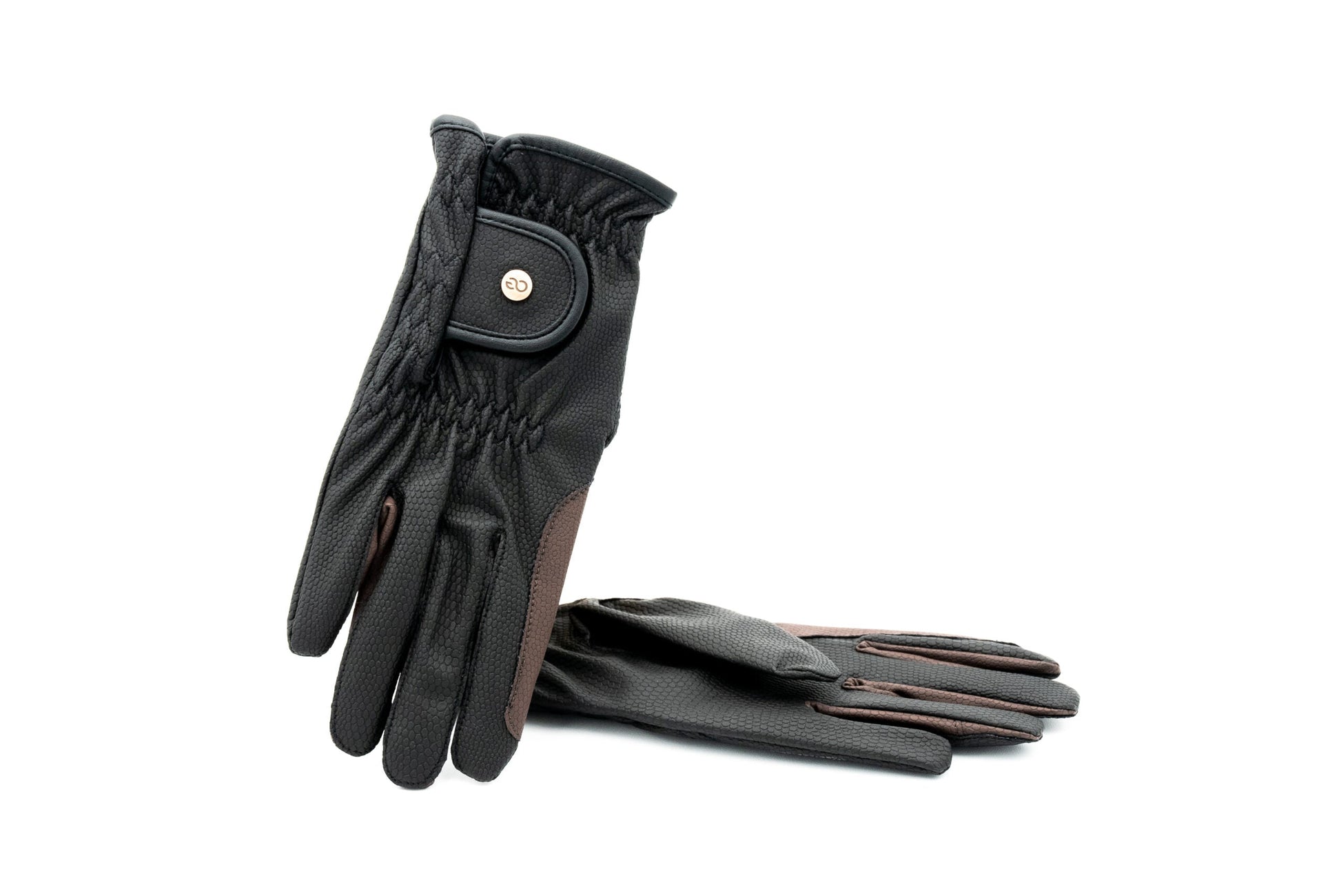 Black leather gloves with brown accents 