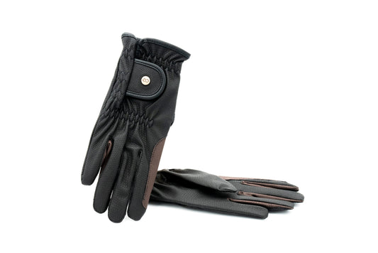 Black leather gloves with brown accents 