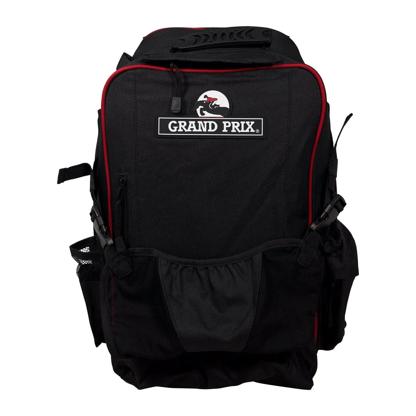 Black backpack with red accents and 'Grand Prix' logo on a white background