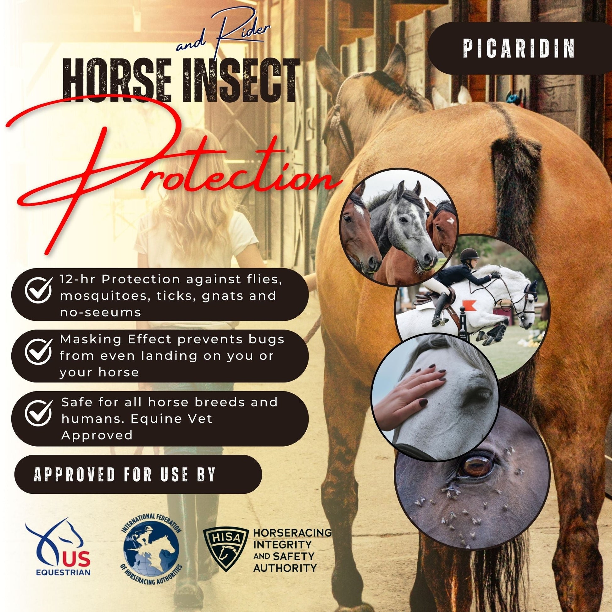 Horse insect protection product with images of a horse and people, and text detailing features and approvals.