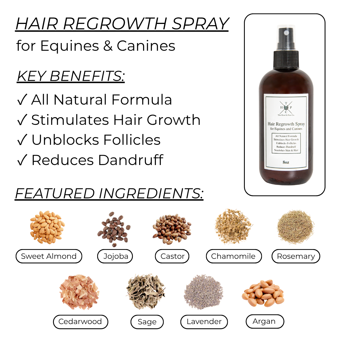 Hair regrowth spray for equines and canines with key benefits and ingredients listed.
