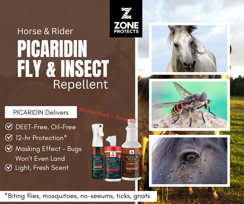 Advertisement for Zone Protects Picaridin Fly & Insect Repellent with images of horses and insects.