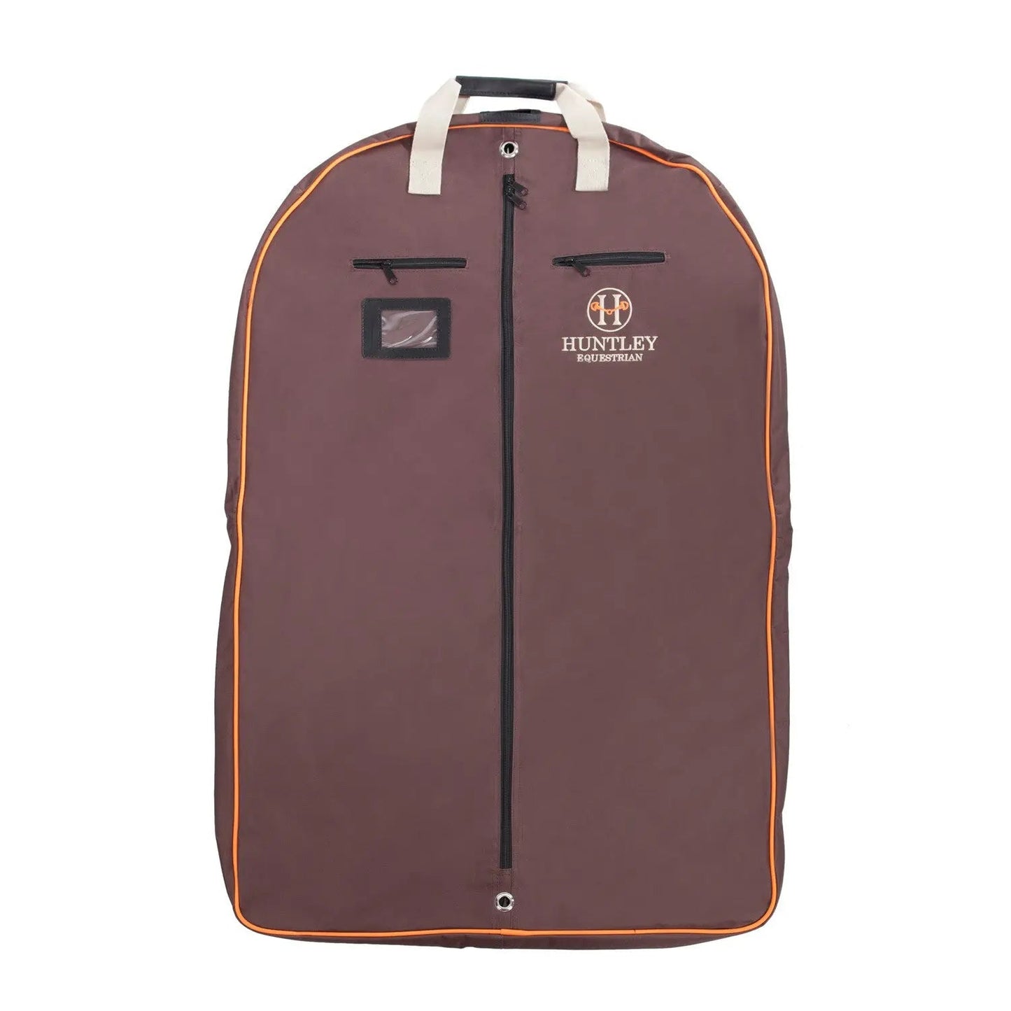 Brown garment bag with white handle and visible brand logo on a white background