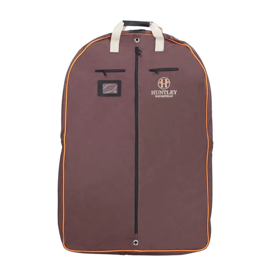 Brown garment bag with white handle and visible brand logo on a white background