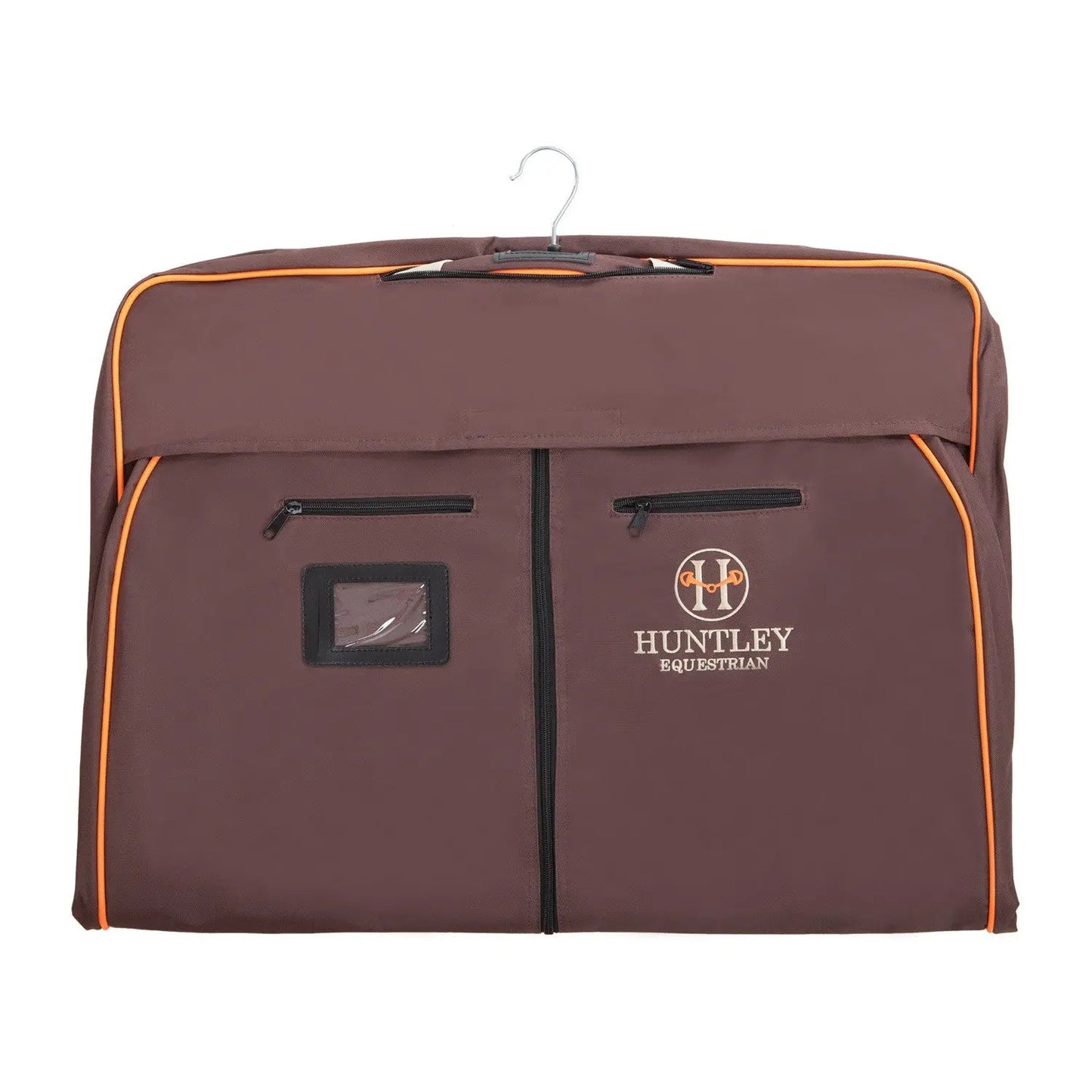 Brown equestrian garment bag with orange accents and Huntley Equestrian logo on a white background