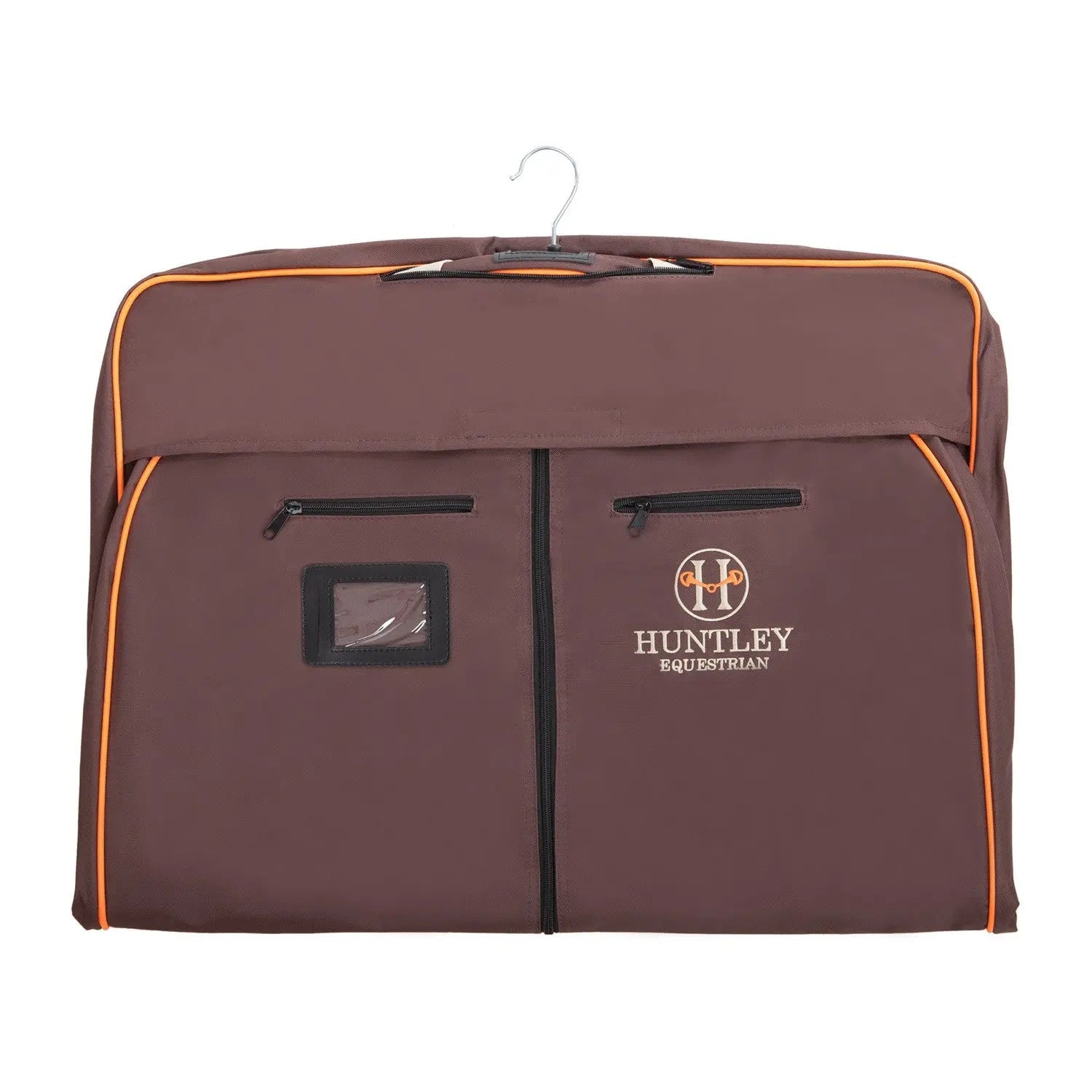 Brown equestrian garment bag with orange accents and Huntley Equestrian logo on a white background
