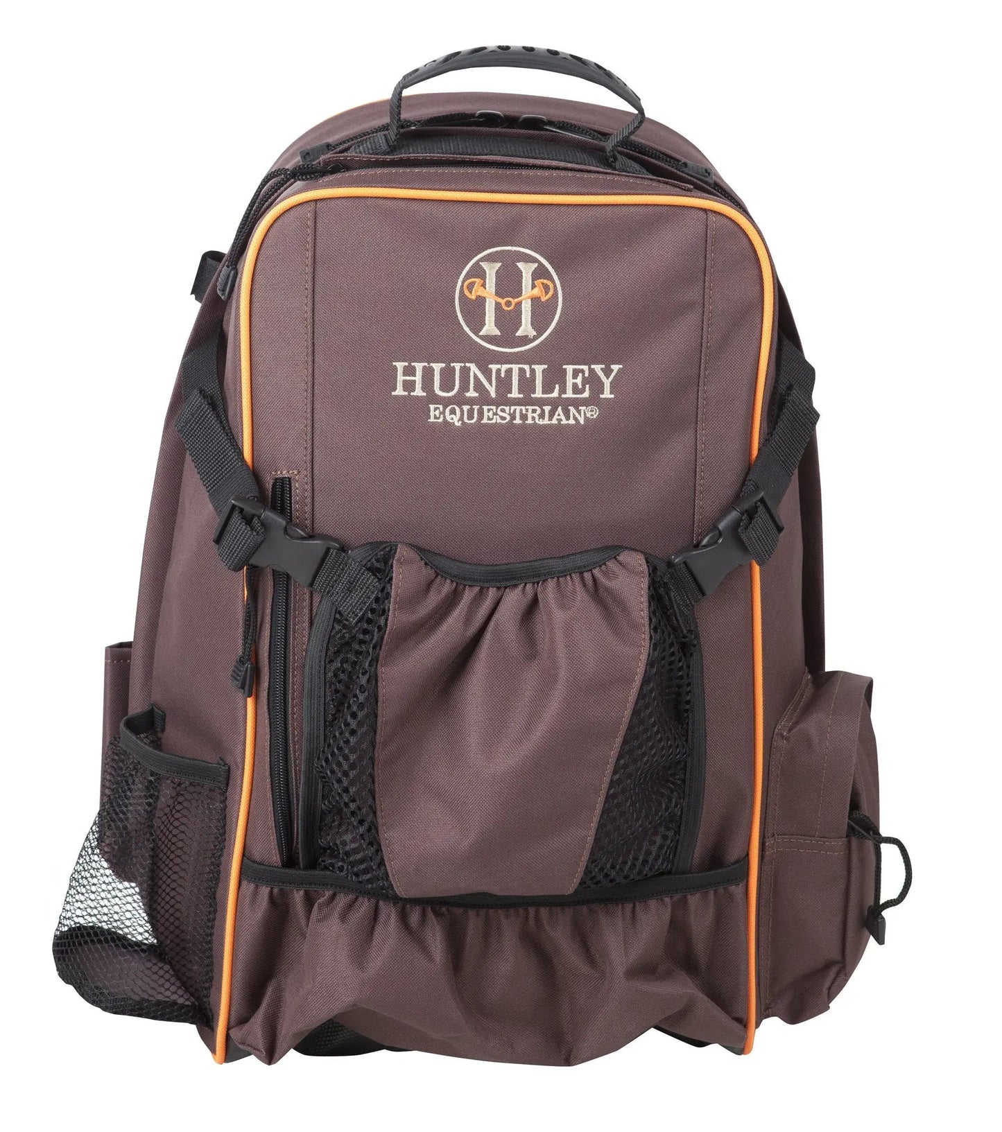 Brown backpack with orange accents and 'Huntley Equestrian' logo on a white background