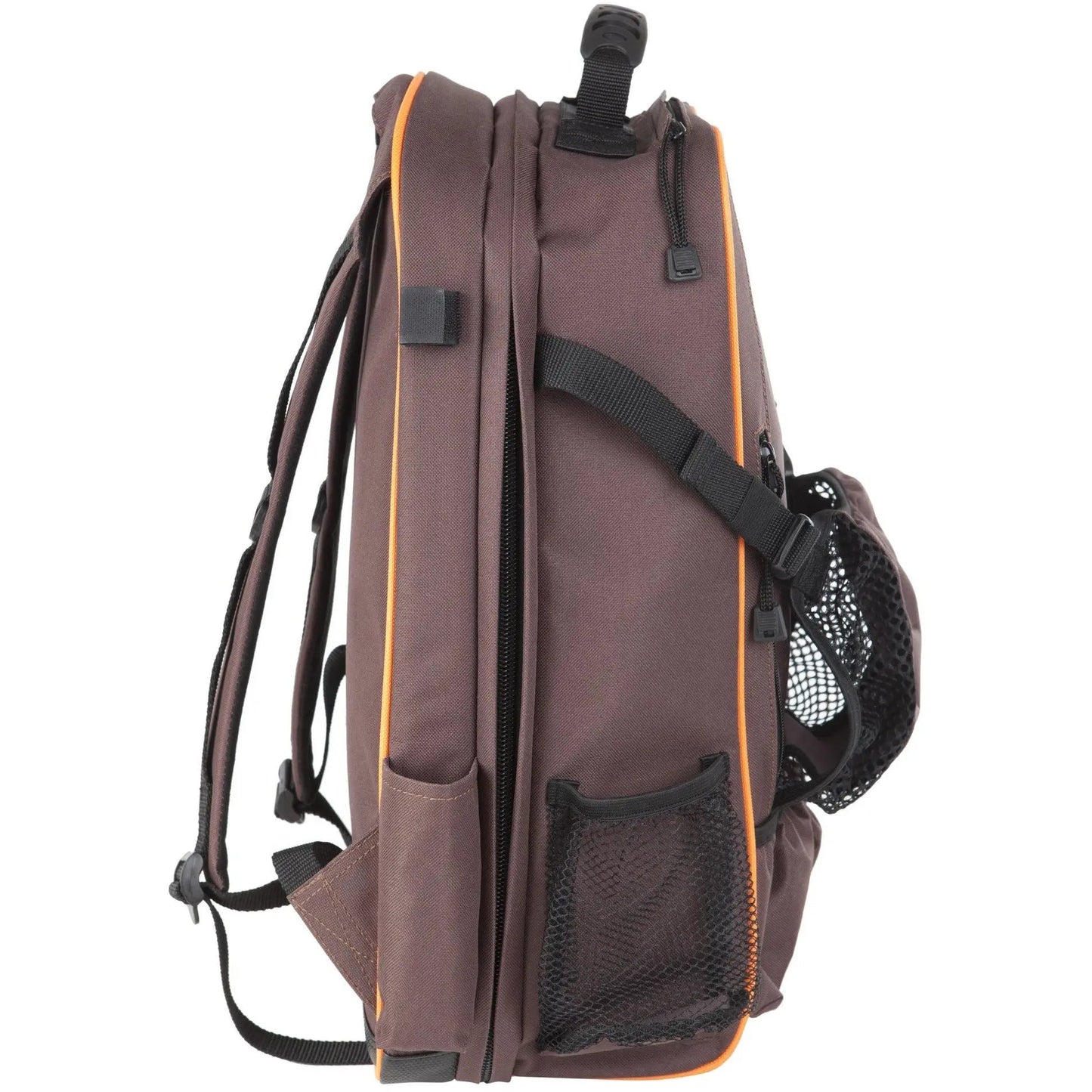 Brown backpack with black straps and orange accents on a white background