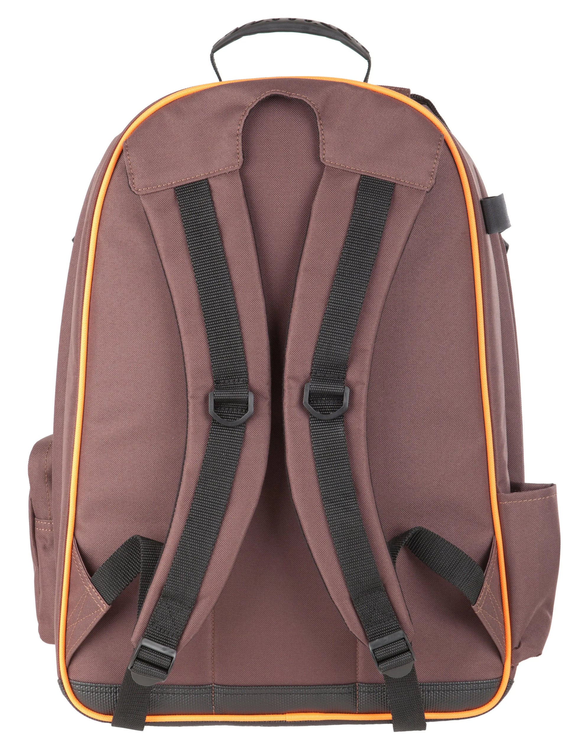 Brown backpack with black straps on a white background