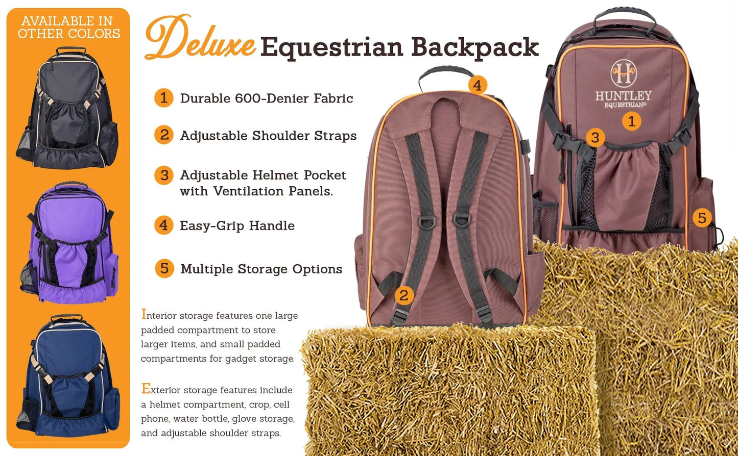 Huntley Deluxe Equestrian Backpack with features listed on an orange background