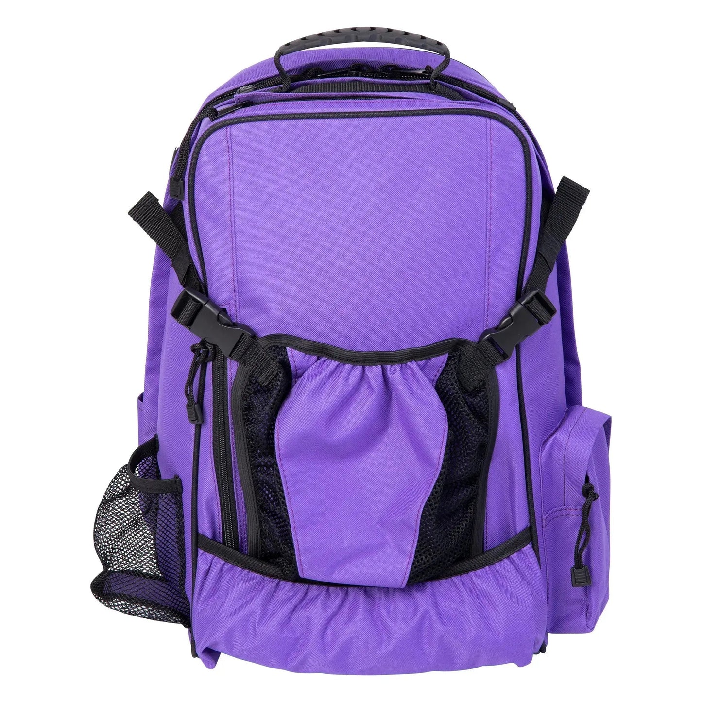 Purple backpack with black straps on a white background