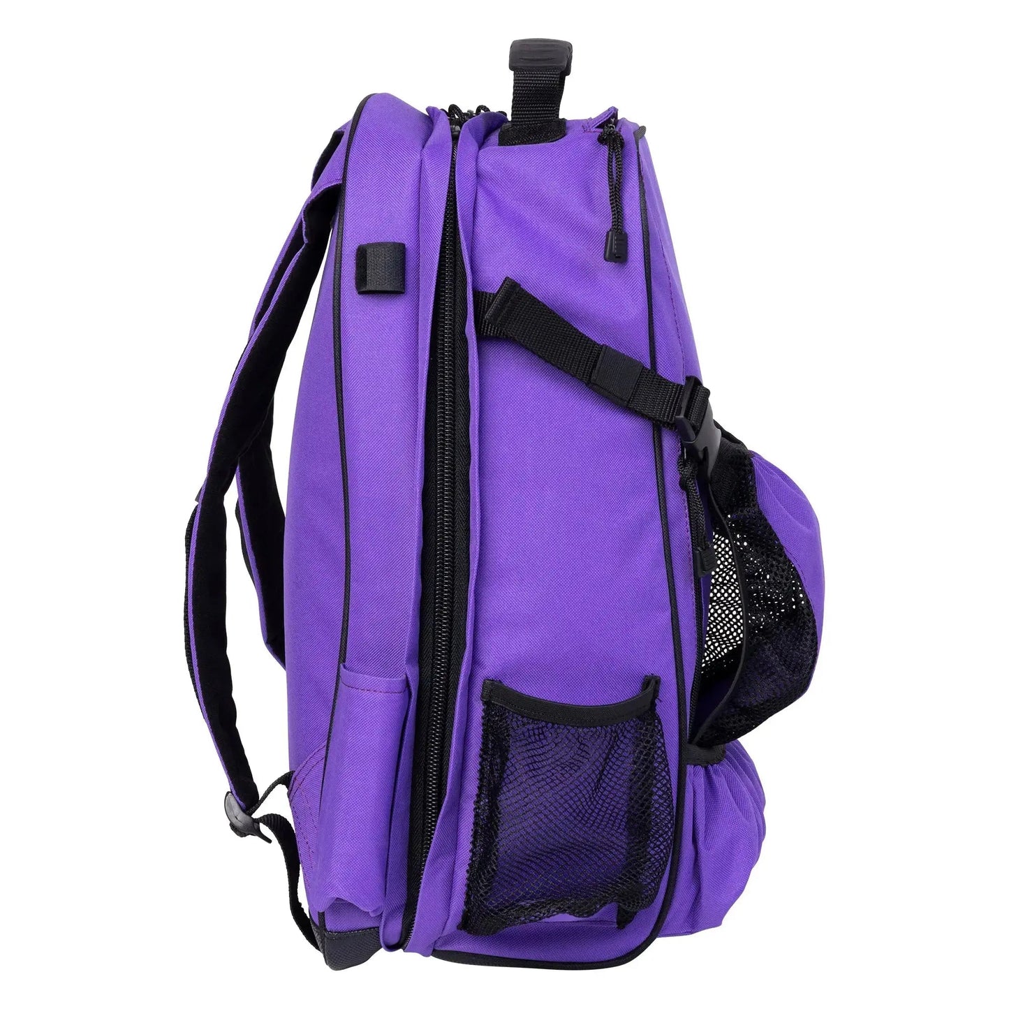 Purple backpack with black straps and mesh pockets on a white background